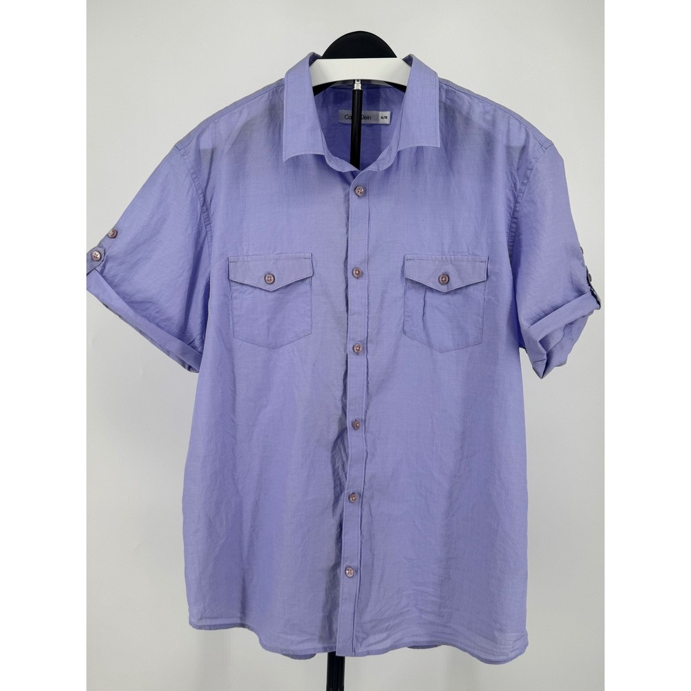 Calvin Klein Mens XL Purple Cotton Short Sleeve Button Down Shirt Roll Tab PC728